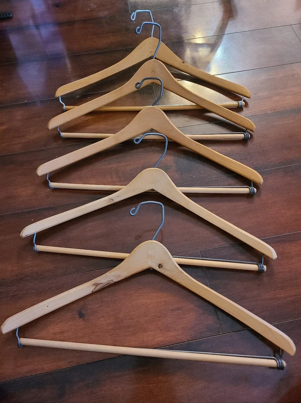 Lot of 5 Vintage Wood Wishbone Suit Hangers - Natural & Varnished Finish